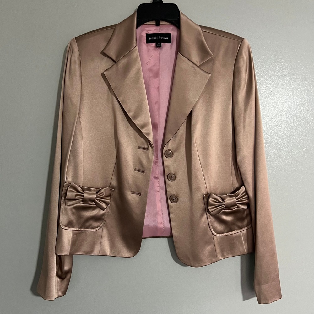 Isabel &‎ Nina Champagne 100% Silk Satin Bow Blazer Jacket 12 Romantic Coquette